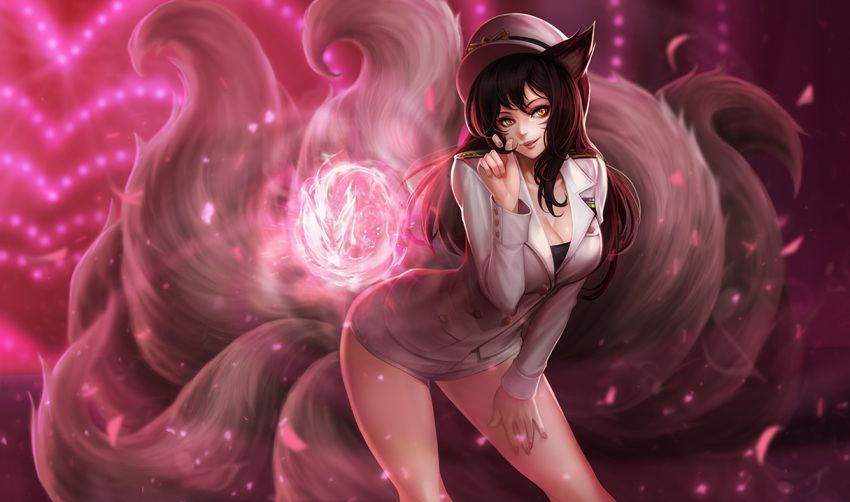 1girl, ahri, alternate_costume, animal_ears, bangs, black_hair, blurry, breasts, buttons, cleavage, closed_mouth, confetti, contrapposto, depth_of_field, energy_ball, eyelashes, facial_mark, fox_ears, fox_tail, generation_ahri, girls'_generation, goomrrat, hair_between_eyes, hand_on_own_thigh, hat, jacket, league_of_legends, leaning_forward, lipstick, long_hair, long_sleeves, looking_at_viewer, makeup, medium_breasts, multiple_tails, neon_lights, peaked_cap, red_lips, short_shorts, shorts, slit_pupils, sm_entertainment, smile, smirk, solo, tail, whisker_markings, white_hat, white_jacket, white_shorts, yellow_eyes