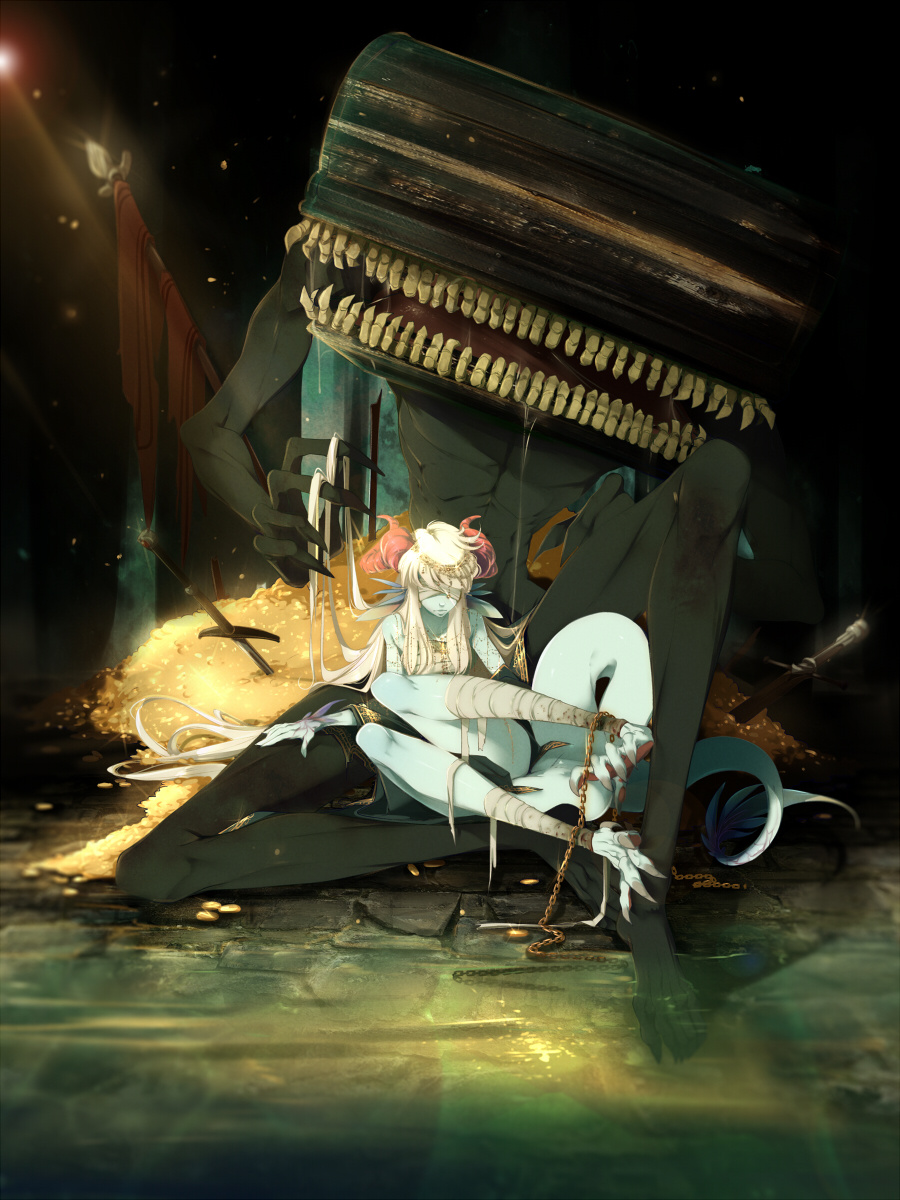 1boy, 1girl, blindfold, blue_skin, dark_souls, gold, grey_skin, highres