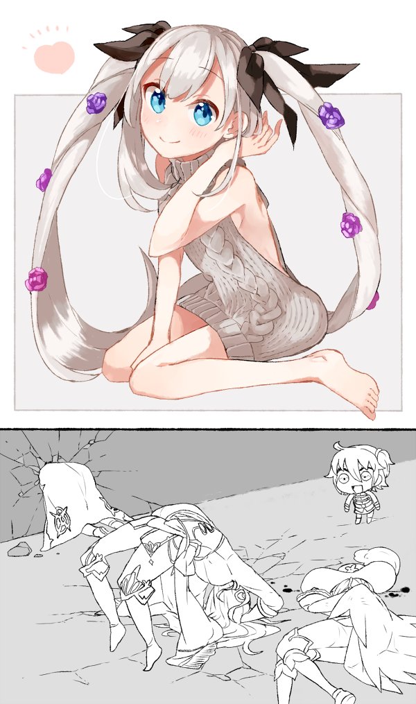 2boys, 2koma, 3girls, :d, aran_sweater, arched_back, backless_outfit, bangs, barefoot, bent_over, between_legs, black_ribbon, blue_eyes, blush, boots, breasts, cape, charles_henri_sanson_(fate/grand_order), chibi, closed_mouth, comic, commentary, dress, eyebrows_visible_through_hair, fate/grand_order, fate_(series), flower, fujimaru_ritsuka_(female), greyscale, hair_flower, hair_ornament, hair_ribbon, halterneck, hamanako_parpar, hand_between_legs, hand_up, hat, head_through_wall, le_chevalier_d'eon_(fate/grand_order), long_hair, looking_at_viewer, lying, marie_antoinette_(fate/grand_order), medium_breasts, monochrome, multiple_boys, multiple_girls, naked_sweater, no_bra, on_side, open-back_dress, open_mouth, purple_flower, purple_rose, ribbed_sweater, ribbon, riyo_(lyomsnpmp)_(style), rose, side_ponytail, silver_hair, sitting, smile, so_moe_i'm_gonna_die!, solo_focus, sweater, sweater_dress, turtleneck, turtleneck_sweater, twintails, very_long_hair, virgin_killer_sweater, wariza, witch_hat, wolfgang_amadeus_mozart_(fate/grand_order)