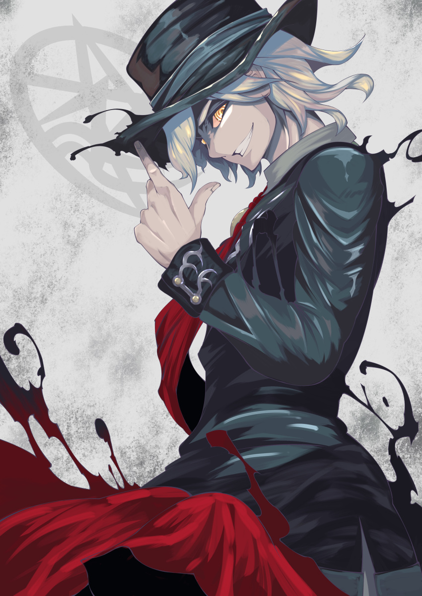 1boy, absurdres, edmond_dantes_(fate/grand_order), evil_smile, fate/grand_order, fate_(series), fedora, finger_on_hat