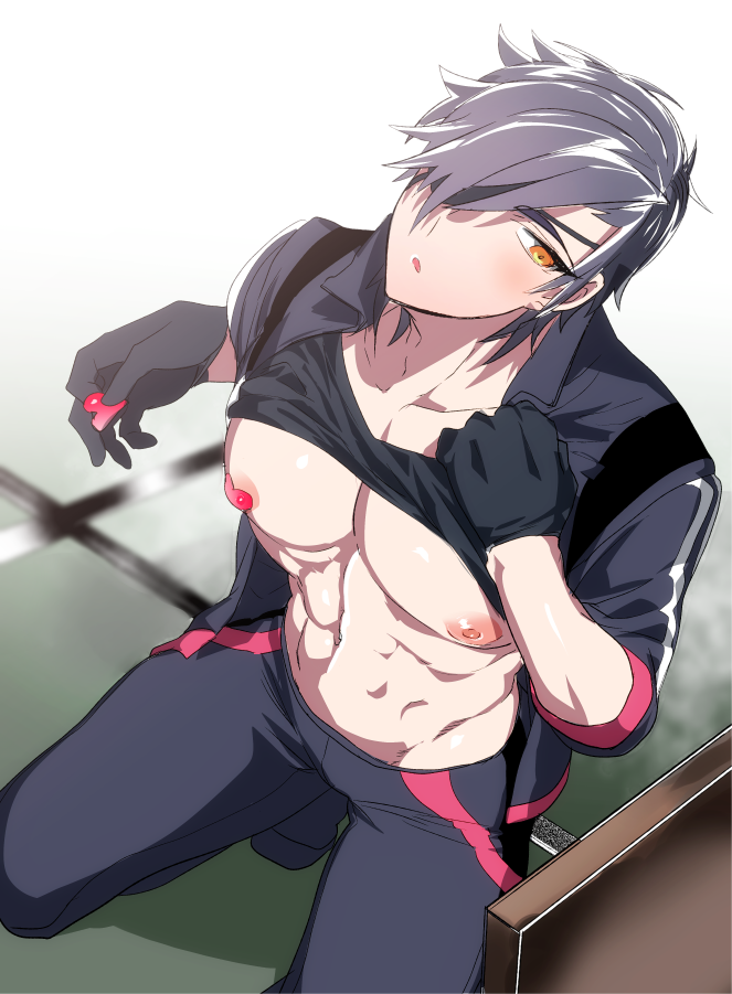 1boy, abs, adonis_belt, black_gloves, collarbone, eyepatch, gloves, hair_over_one_eye