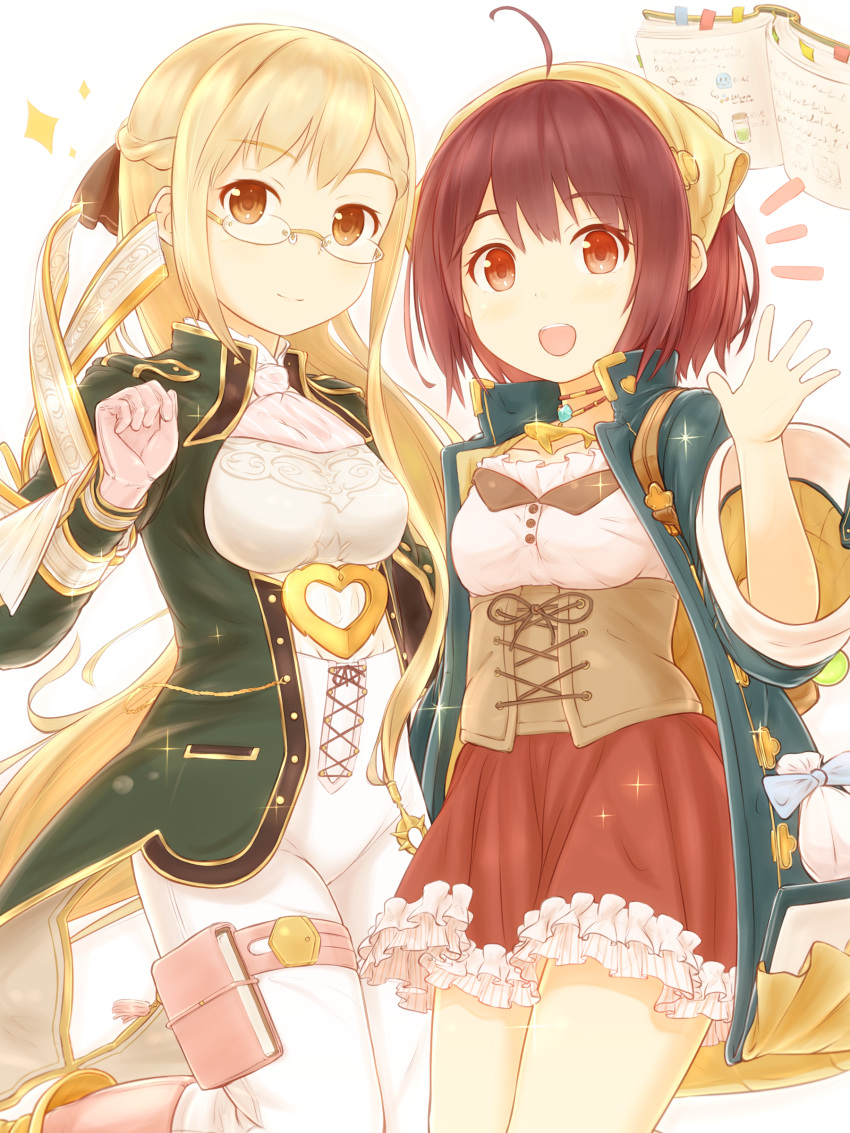 +++, 2girls, :d, absurdres, ahoge, atelier_(series), atelier_sophie, blonde_hair