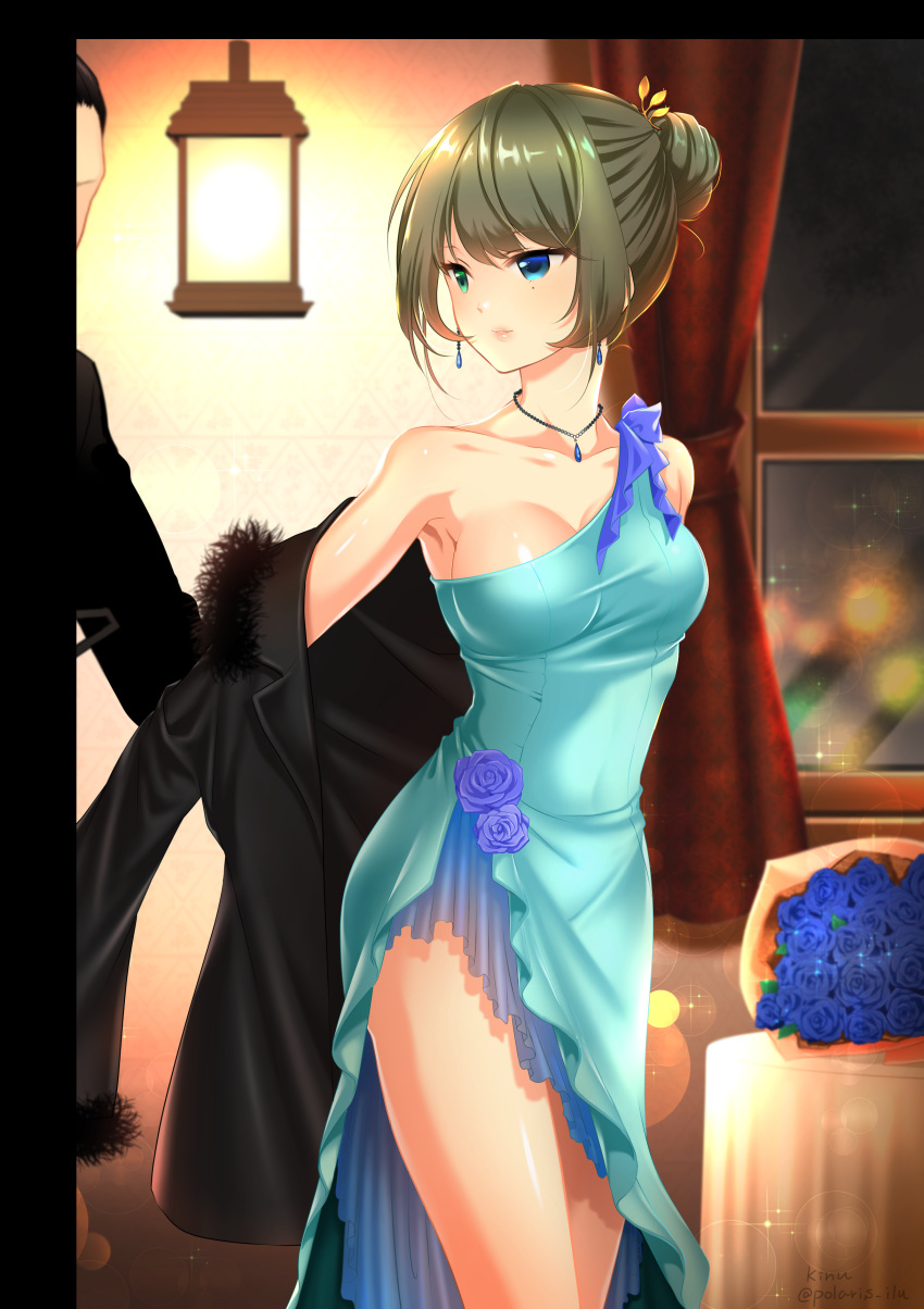 1boy, 1girl, absurdres, alternate_hairstyle, armpits, bare_legs, bare_shoulders, blue_eyes, blue_rose, bouquet, breasts, brown_hair, cleavage, collarbone, curtains, dress, earrings, evening_gown, flower, formal, green_eyes, hair_bun, hair_ornament, hair_up, heterochromia, highres, idolmaster, idolmaster_cinderella_girls, indoors, jewelry, lamp, large_breasts, legs, light_blue_dress, lips, looking_back, mole, mole_under_eye, neck, necklace, off_shoulder, out_of_frame, parted_lips, rose, shiny, shiny_hair, short_hair, smile, solo, standing, table, takagaki_kaede, window, yuitanpo