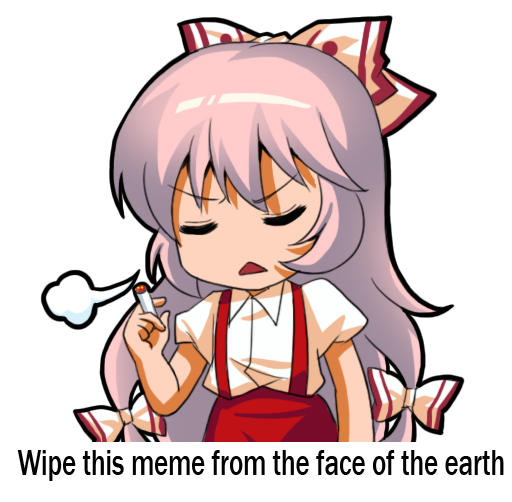 1girl, bow, chibi, cigarette, closed_eyes, english, fujiwara_no_mokou, hair_bow