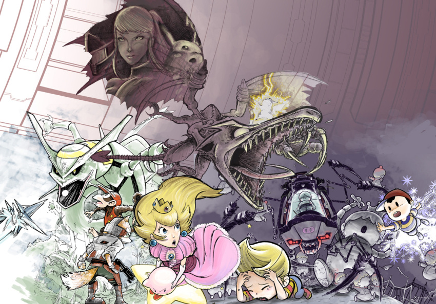 baseball_cap, blonde_hair, blue_eyes, crown, diddy_kong, dress, fox_mccloud, furry