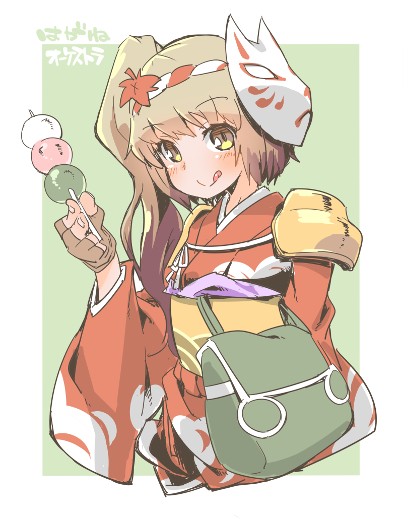1girl, :p, blush, brown_eyes, brown_hair, dango, fingerless_gloves, food