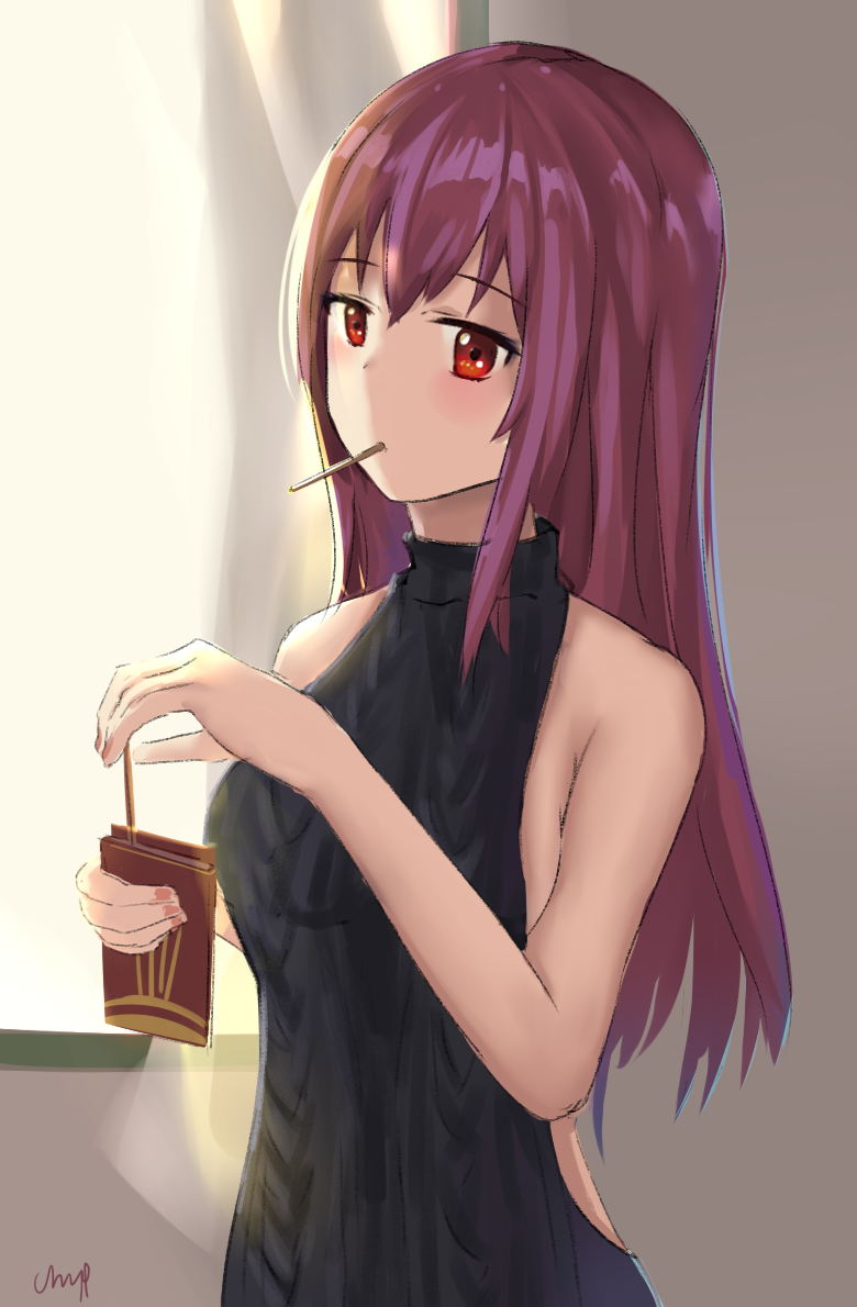 1girl, bare_shoulders, black_sweater, breasts, chyt, fate/grand_order, fate_(series), food