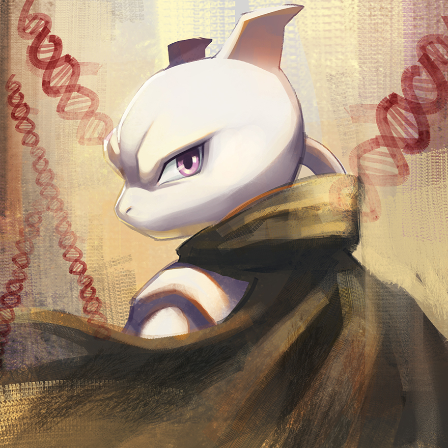 dna_strand, ecat, looking_at_viewer, looking_back, mewtwo, no_humans, pokemon, pokemon_(creature)