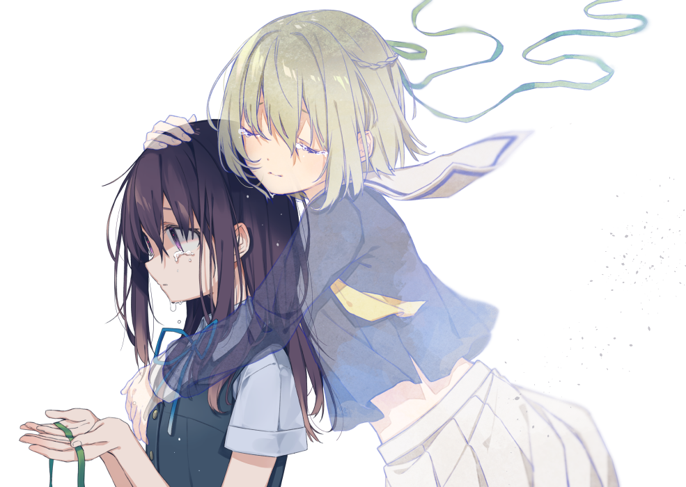 2girls, bangs, black_hair, blonde_hair, blue_ribbon, braid, closed_mouth, crying