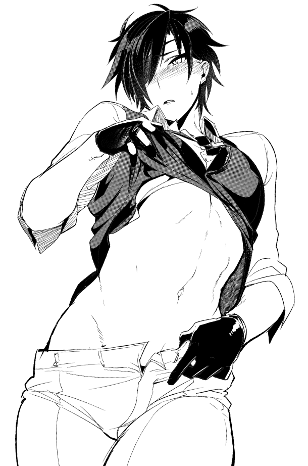 1boy, black_gloves, blush, gloves, greyscale, hair_over_one_eye, insitsukun, male_focus