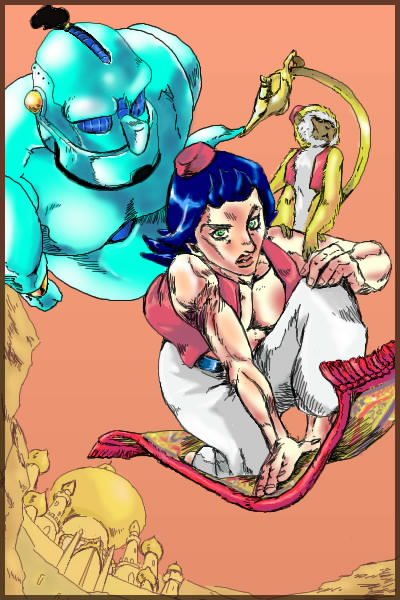 abu_(aladdin), aladdin, aladdin_(character), aladdin_(disney), araki_hirohiko_(style), city, disney, flying, genie, genie_(aladdin), jojo's_bizarre_adventure, jojo_no_kimyou_na_bouken, lamp, magic_carpet, monkey, oil_lamp, parody, stand_(jojo), style_parody, vest
