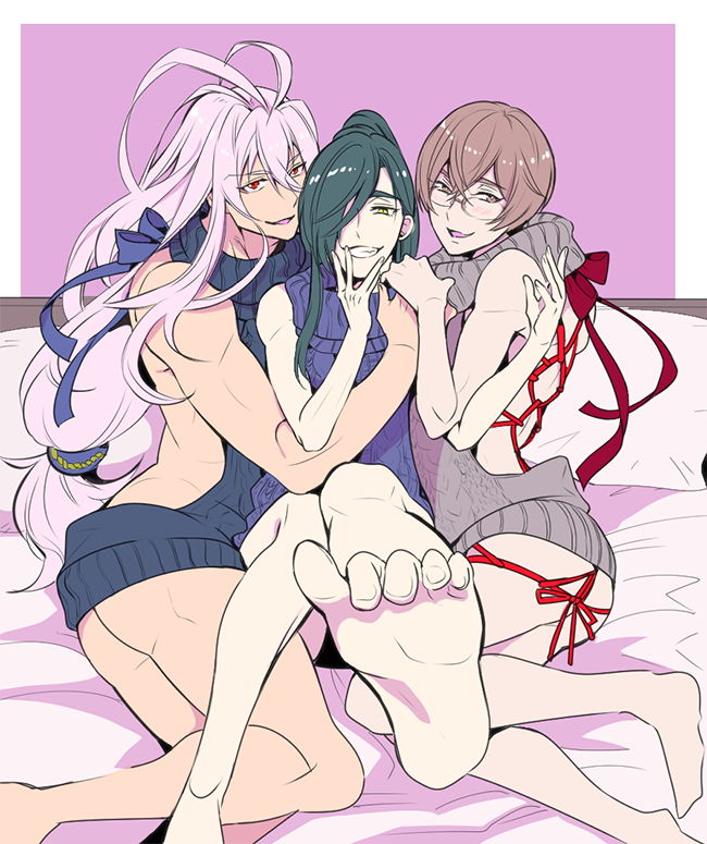 3boys, aran_sweater, ass, backless_outfit, bad_feet, bangs, barefoot, bdsm