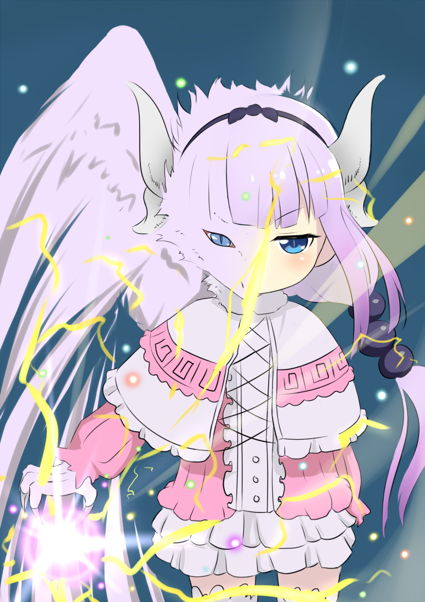 1girl, bangs, beads, blue_eyes, capelet, claws, dragon, dragon_girl