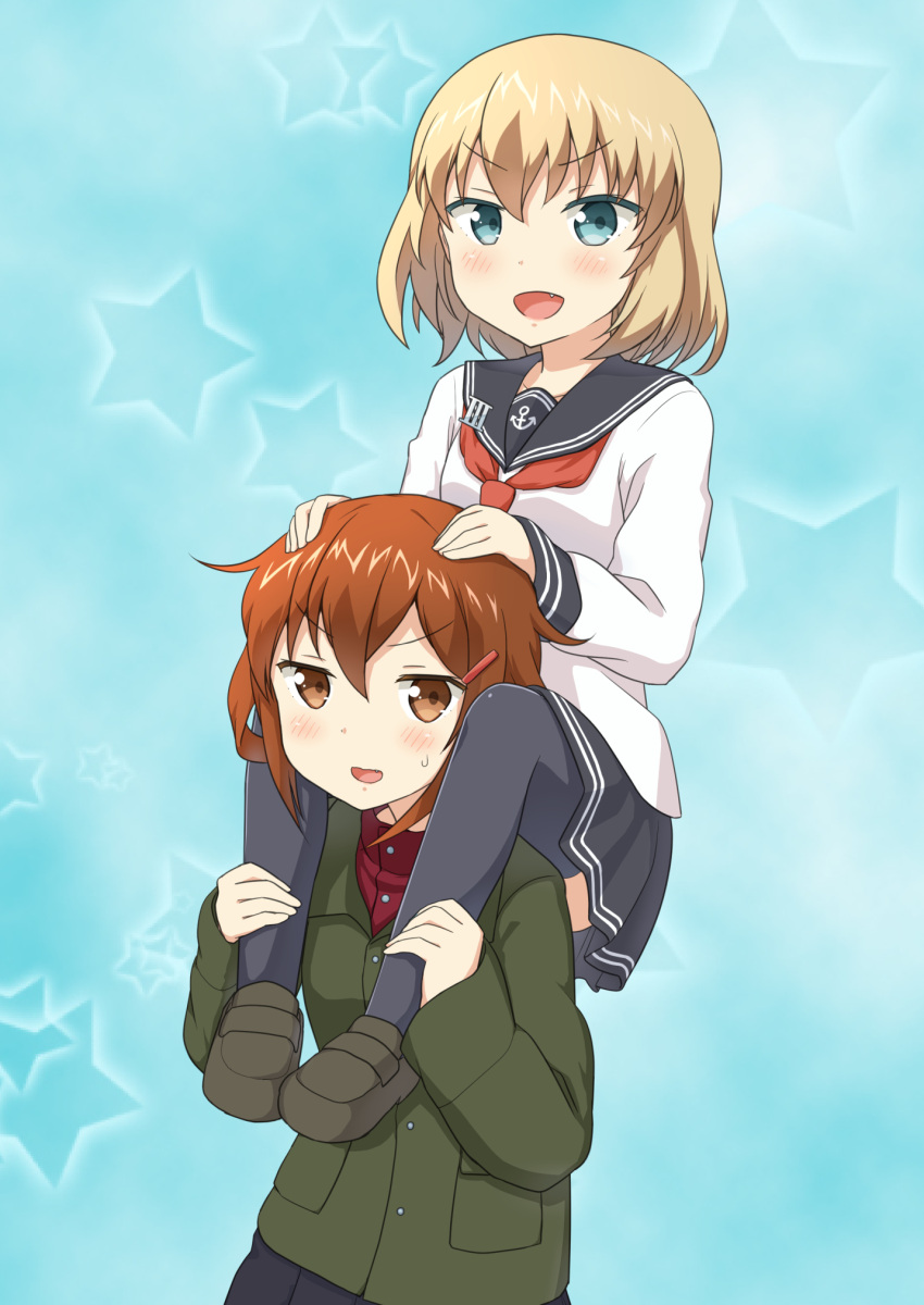 >:d, 2girls, :d, bangs, black_legwear, blonde_hair, blue_background, blue_eyes, brown_hair, brown_shoes, carrying, commentary_request, cosplay, costume_switch, fang, girls_und_panzer, green_jacket, hair_ornament, hairclip, highres, ikazuchi_(kantai_collection), ikazuchi_(kantai_collection)_(cosplay), jacket, kantai_collection, katyusha, katyusha_(cosplay), loafers, long_sleeves, looking_at_viewer, miniskirt, miyabeeya, multiple_girls, open_mouth, pleated_skirt, red_shirt, school_uniform, serafuku, shirt, shoes, short_hair, shoulder_carry, skirt, smile, standing, star, starry_background, sweatdrop, thigh-highs, turtleneck, upper_body