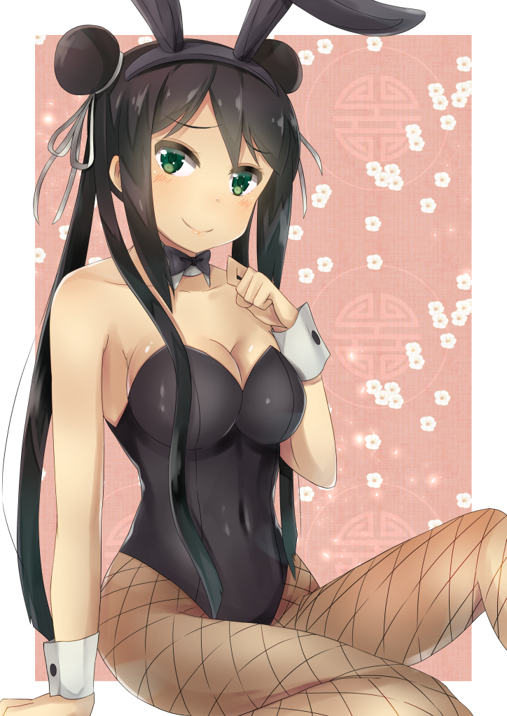 1girl, animal_ears, black_bow, black_bowtie, black_hair, black_leotard, bow, bowtie, breasts, bunnysuit, cleavage, covered_navel, detached_collar, double_bun, fake_animal_ears, fei_li, green_eyes, leotard, long_hair, looking_at_viewer, masaki_kazusa, medium_breasts, pantyhose, rabbit_ears, school_girl_strikers, sitting, smile, solo, strapless, strapless_leotard, twintails, wrist_cuffs