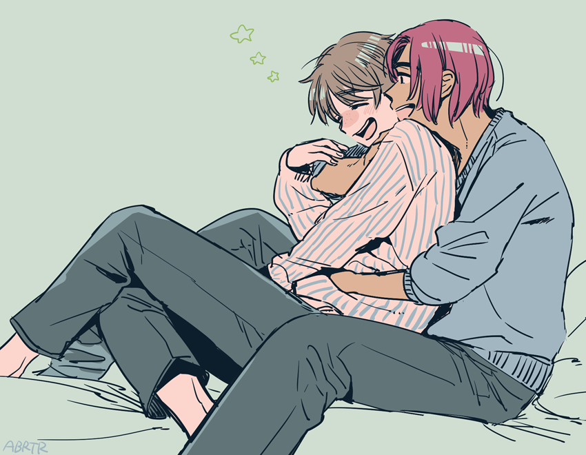 2boys, brown_hair, closed_eyes, dark_skin, dark_skinned_male, hug, hug_from_behind, ji_guang-hong