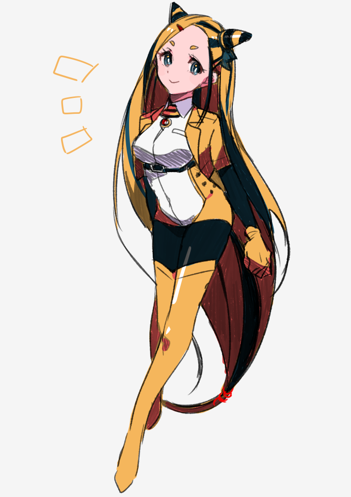 /\/\/\, 1girl, absurdly_long_hair, ampharos, arm_behind_back, belt, black_hair, black_legwear