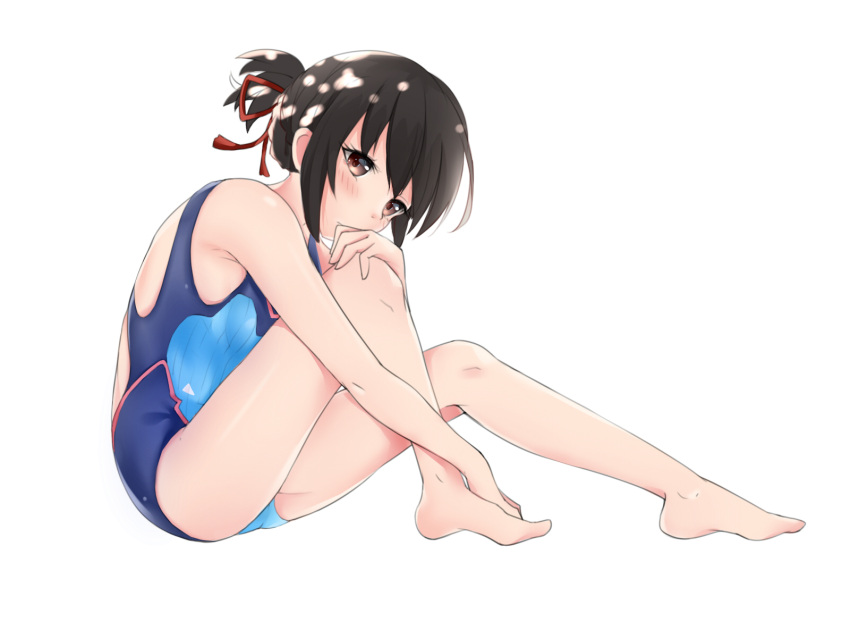 1girl, bangs, black_hair, blue_swimsuit, blush, breasts, brown_eyes, closed_mouth