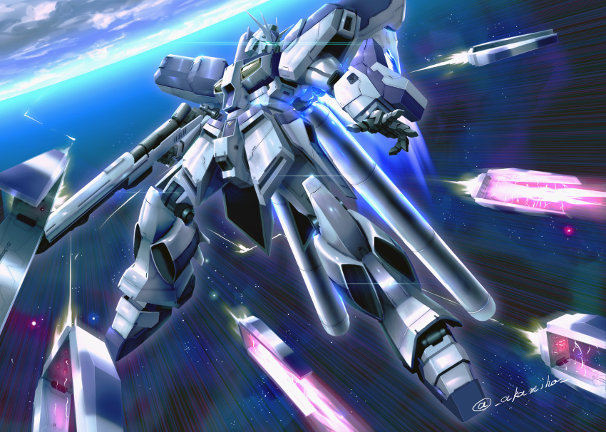 akamiho, beam_rifle, char's_counterattack, char's_counterattack_-_beltorchika's_children, charging, charging_(attack), clouds, cloudy_sky