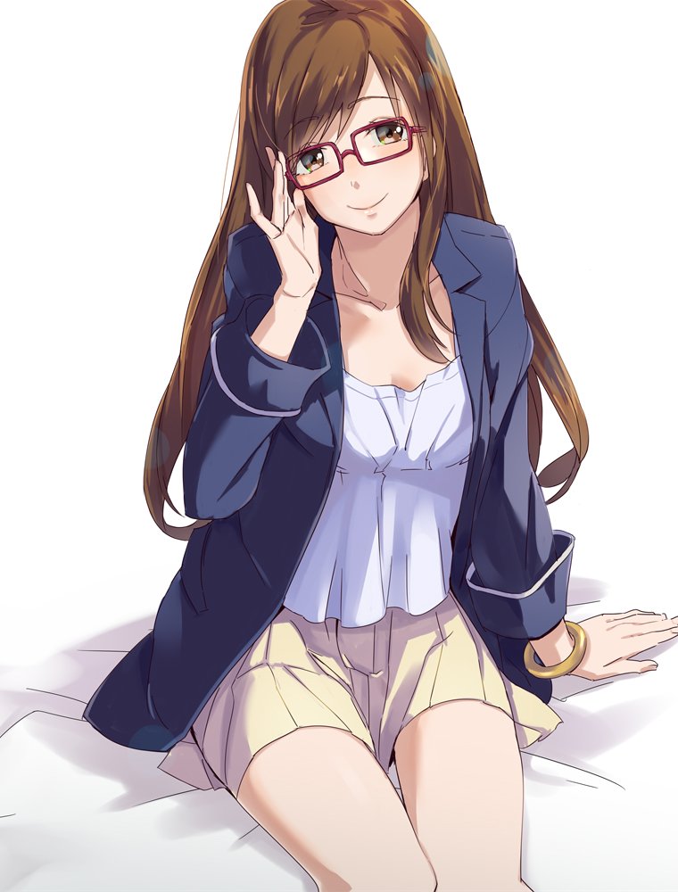1girl, adjusting_glasses, brown_eyes, brown_hair, glasses, idolmaster, idolmaster_cinderella_girls, kawaty