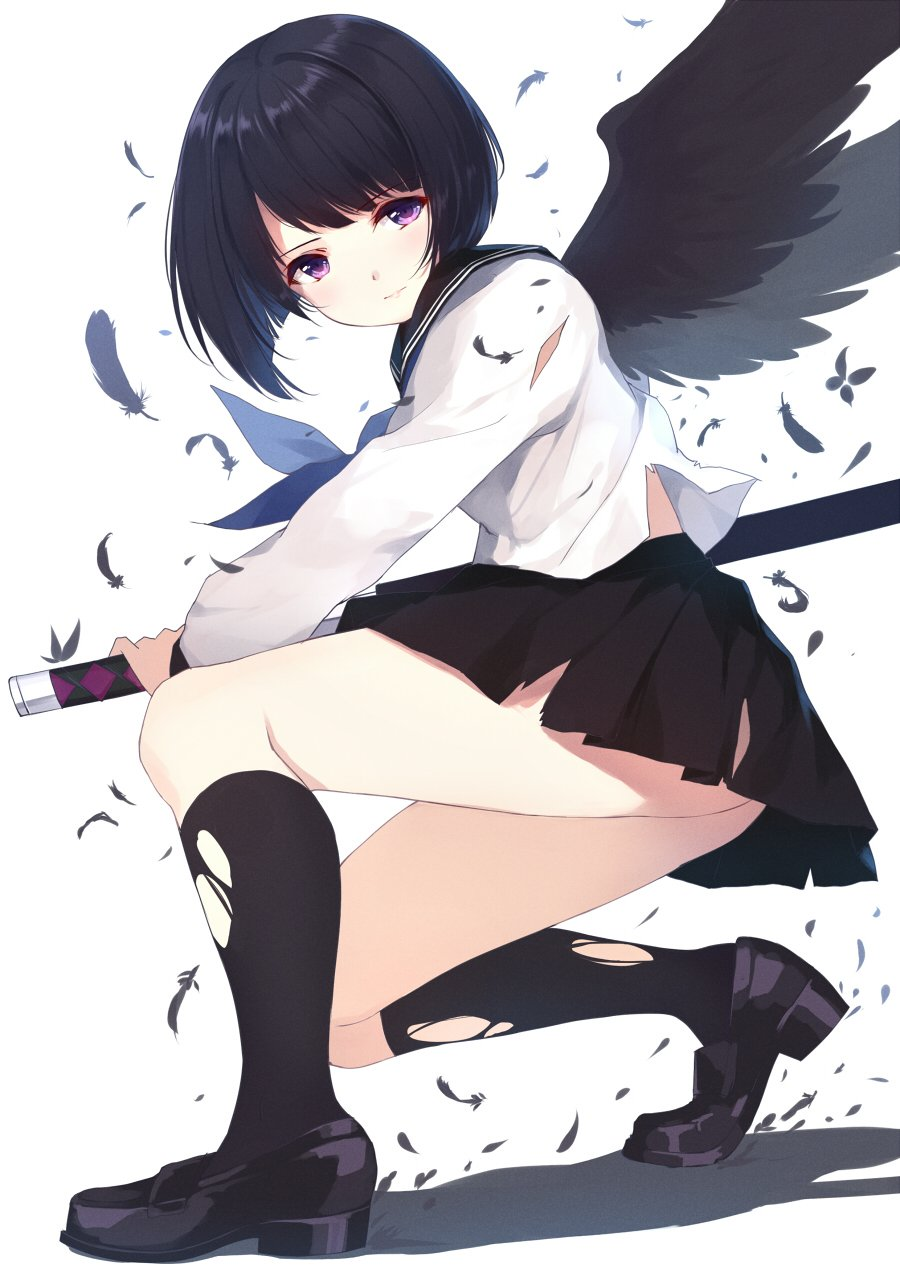 1girl, black_hair, black_legwear, black_shoes, black_wings, blouse, caidychen, closed_mouth