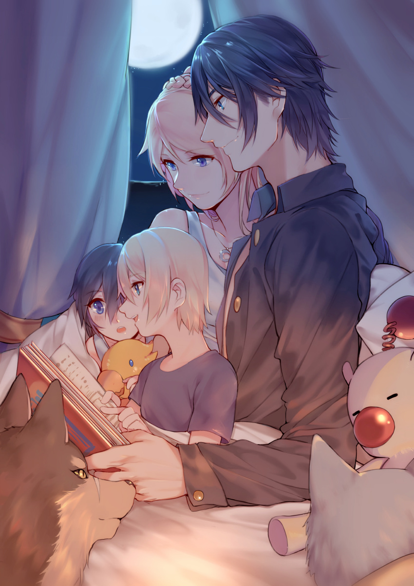 2boys, 2girls, :d, absurdres, animal, aqua_eyes, bare_shoulders, bedroom, black_hair, black_shirt, blanket, blue_eyes, blush, book, braid, chocobo, collarbone, collared_shirt, crescent, crown_braid, curtains, dog, dress_shirt, eyebrows_visible_through_hair, family, final_fantasy, final_fantasy_xv, from_side, full_moon, hair_between_eyes, hetero, highres, holding, holding_book, husband_and_wife, if_they_mated, indoors, jewelry, long_sleeves, lunafreya_nox_fleuret, moogle, moon, multiple_boys, multiple_girls, necklace, night, night_sky, noctis_lucis_caelum, on_bed, open_book, open_mouth, pendant, pillow, profile, pryna_(ff15), reading, scar, shirt, short_sleeves, siblings, sitting, sky, sleeveless, smile, star_(sky), stuffed_animal, stuffed_bird, stuffed_toy, t-shirt, umbra_(ff15), window, yorukun