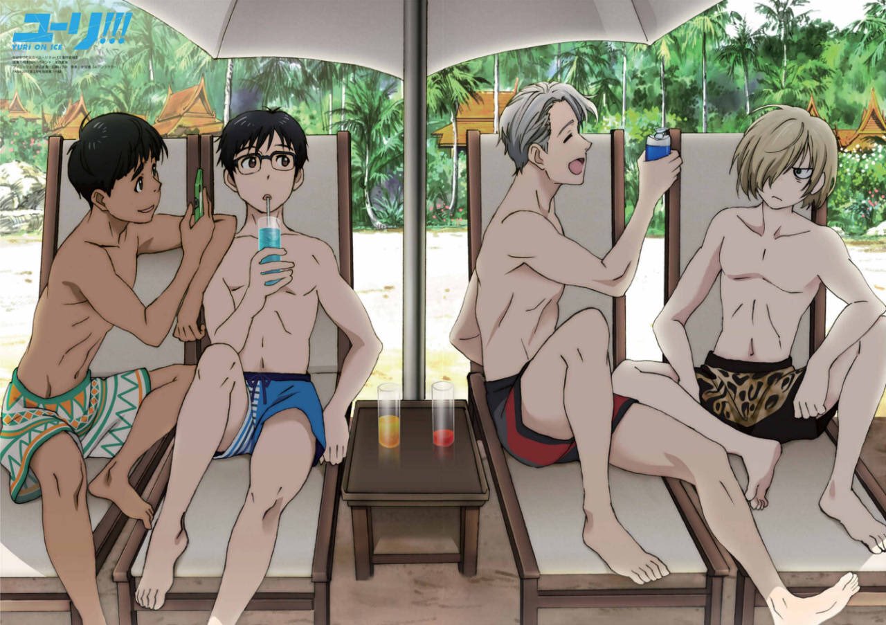 4boys, aizawa_masahiro, animal_print, beach, beach_chair, beach_umbrella, black_hair, blonde_hair