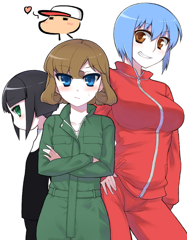 blue_eyes, blue_hair, blush, brown_eyes, brown_hair, green_eyes, grin, gym_uniform