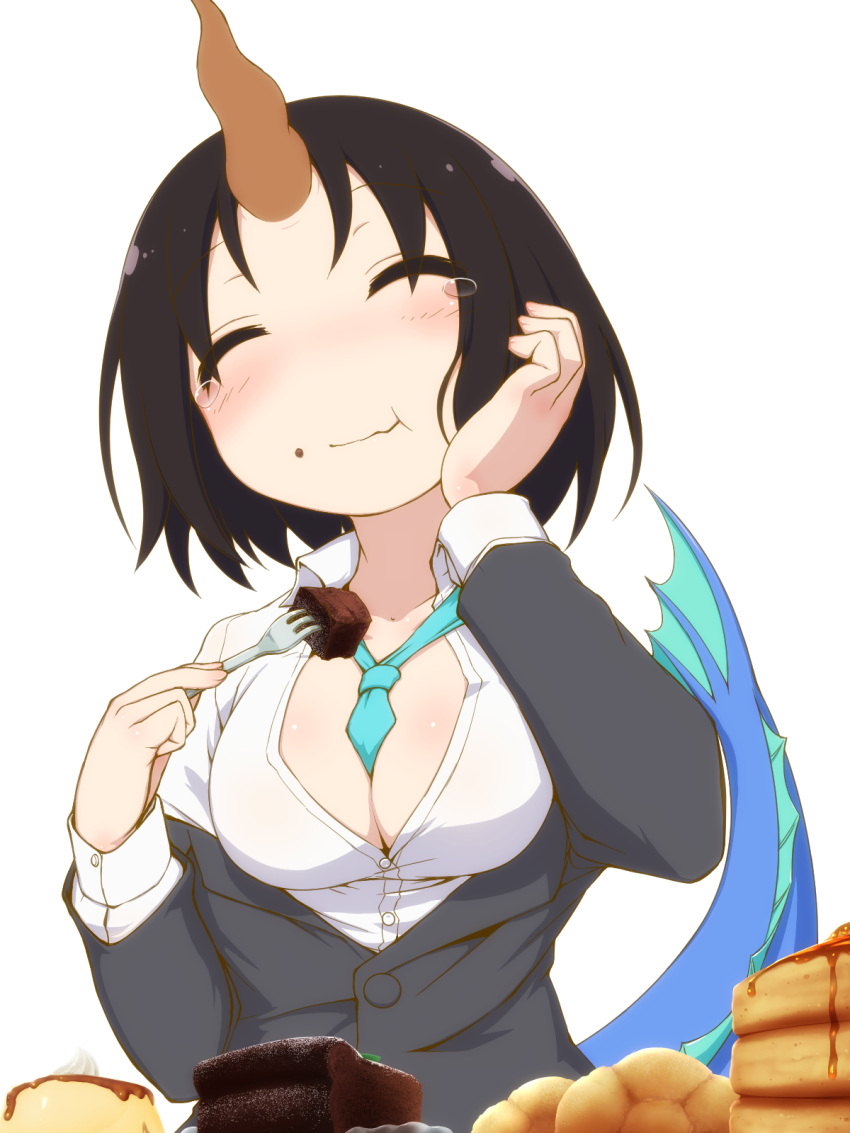 1girl, ^_^, between_breasts, black_hair, blush, breasts, cake, cleavage