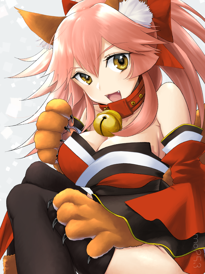 1girl, animal_ears, bell, bell_collar, black_legwear, breasts, cleavage, collar