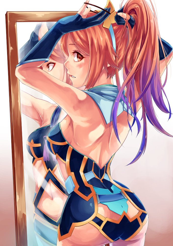 1girl, adjusting_hair, armpits, ass, back, bare_shoulders, blush, breasts