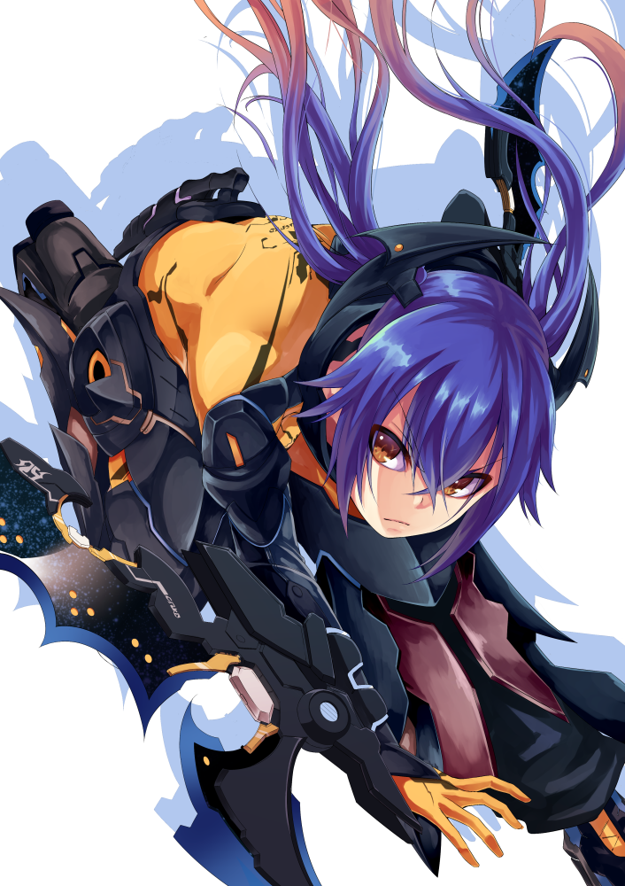 >:(, 1girl, bangs, blue_hair, bodysuit, brown_eyes, closed_mouth, floating_hair