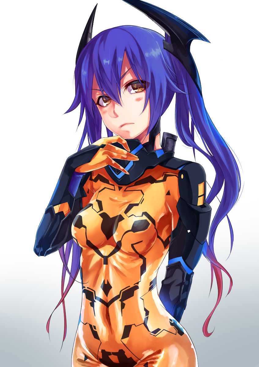 >:(, 1girl, blue_hair, blush, bodysuit, breasts, brown_eyes, closed_mouth