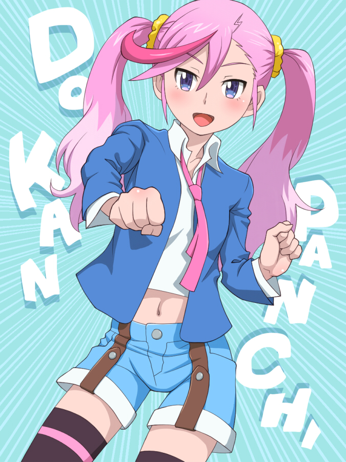 1girl, digimon, digimon_universe:_appli_monsters, jacket, karan_eri, meow_(nekodenki), midriff, multicolored_hair