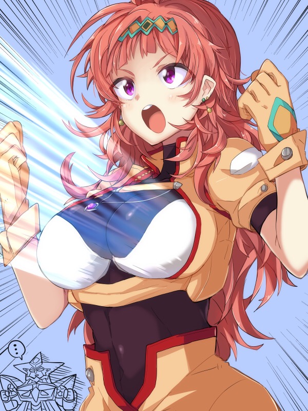 1girl, breasts, charlotte_hasting, earrings, emphasis_lines, gloves, grungust_ichishiki, impossible_clothes