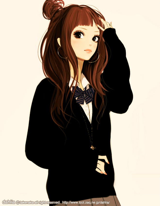 brown_hair, cardigan, earrings, hoop_earrings, jewelry, kogal, long_hair, necklace