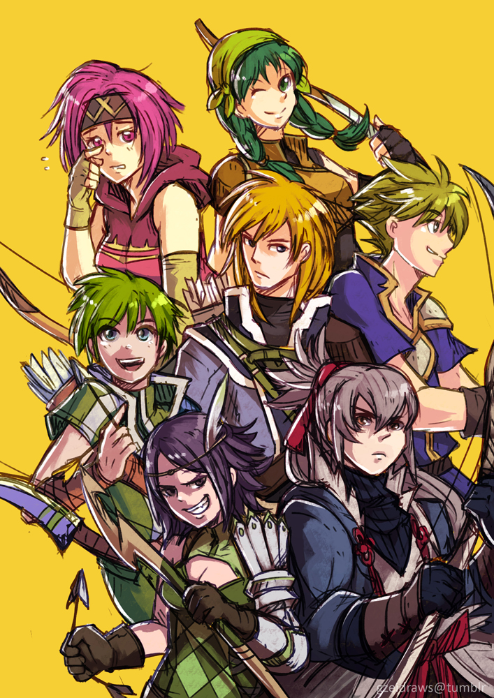 3girls, 4boys, arrow, blue_eyes, bow_(weapon), closed_eyes, european_clothes, fire_emblem, fire_emblem:_akatsuki_no_megami, fire_emblem:_fuuin_no_tsurugi, fire_emblem:_kakusei, fire_emblem:_mystery_of_the_emblem, fire_emblem:_rekka_no_ken, fire_emblem:_souen_no_kiseki, fire_emblem_if, frown, gordin, gordon_(fire_emblem), green_hair, gzei, holding, holding_weapon, leonardo_(fire_emblem), long_hair, multiple_boys, multiple_girls, neimi, noire_(fire_emblem), rebecca_(fire_emblem), smile, takumi_(fire_emblem_if), weapon, wolt