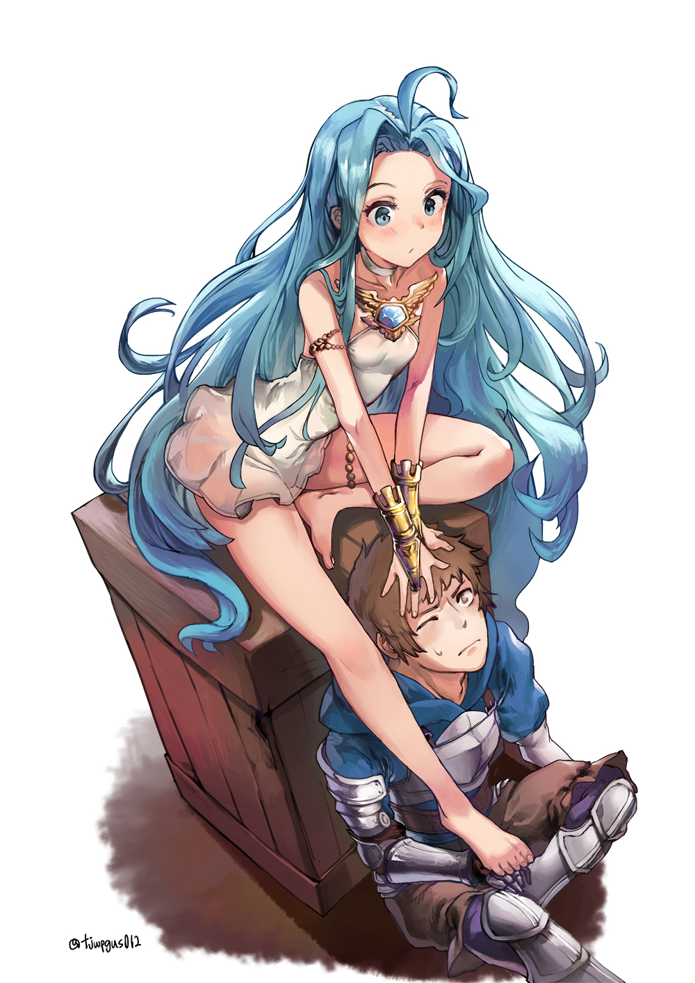 1boy, 1girl, :/, ahoge, armor, blue_eyes, blue_hair, blush