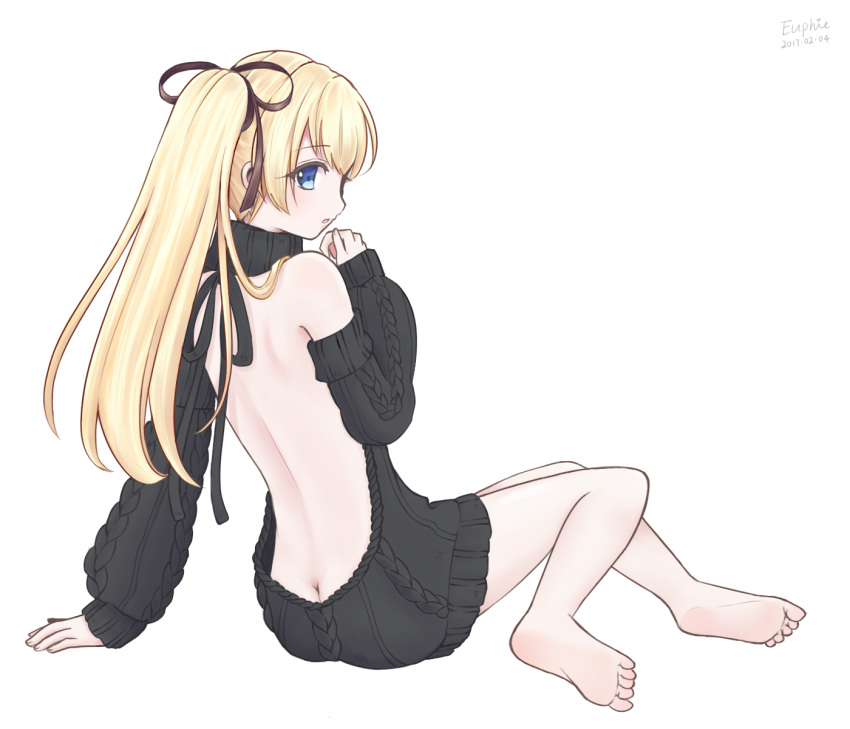 1girl, 2017, aran_sweater, arm_support, artist_name, ass, backless_outfit, bangs