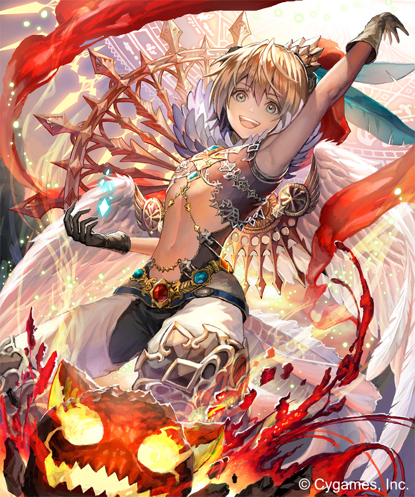 1boy, :d, arm_up, baby-doll, blonde_hair, chains, creature, feather_trim
