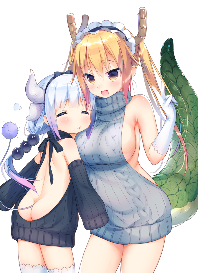 2girls, :t, aran_sweater, ass, backless_outfit, bangs, bare_back, beads