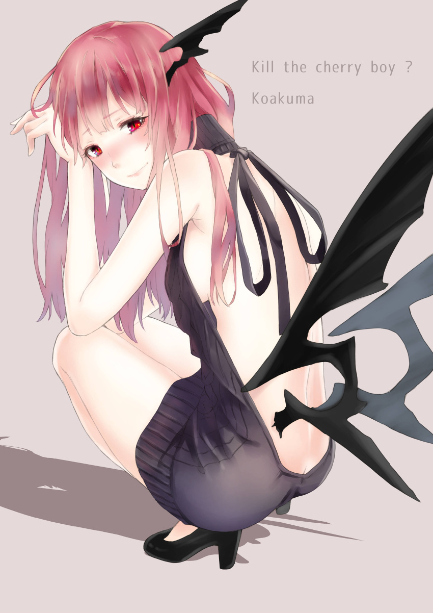 1girl, absurdres, backless_outfit, bare_back, bare_legs, bare_shoulders, bat_wings, black_shoes