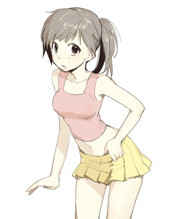 1girl, adjusting_clothes, adjusting_skirt, brown_hair, commentary_request, kawai_makoto, leaning_forward, looking_at_viewer