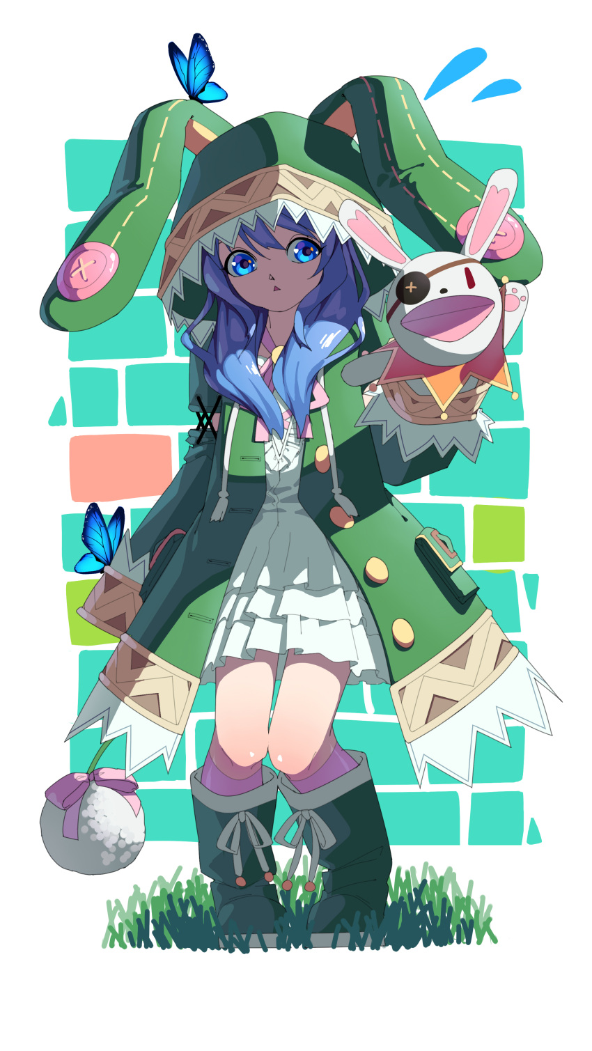 absurdres, animal_ears, blue_eyes, blue_hair, butterfly, buttons, date_a_live, detached_sleeves, eyepatch, full_body, highres, hood, hoodie, long_sleeves, oversized_clothes, puppet, rabbit, rabbit_ears, tail, tu_wei, yoshino_(date_a_live), yoshinon