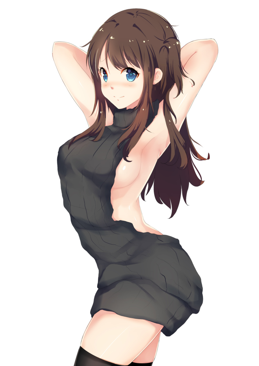 1girl, absurdres, armpits, arms_up, backless_outfit, bangs, bare_shoulders, black_legwear