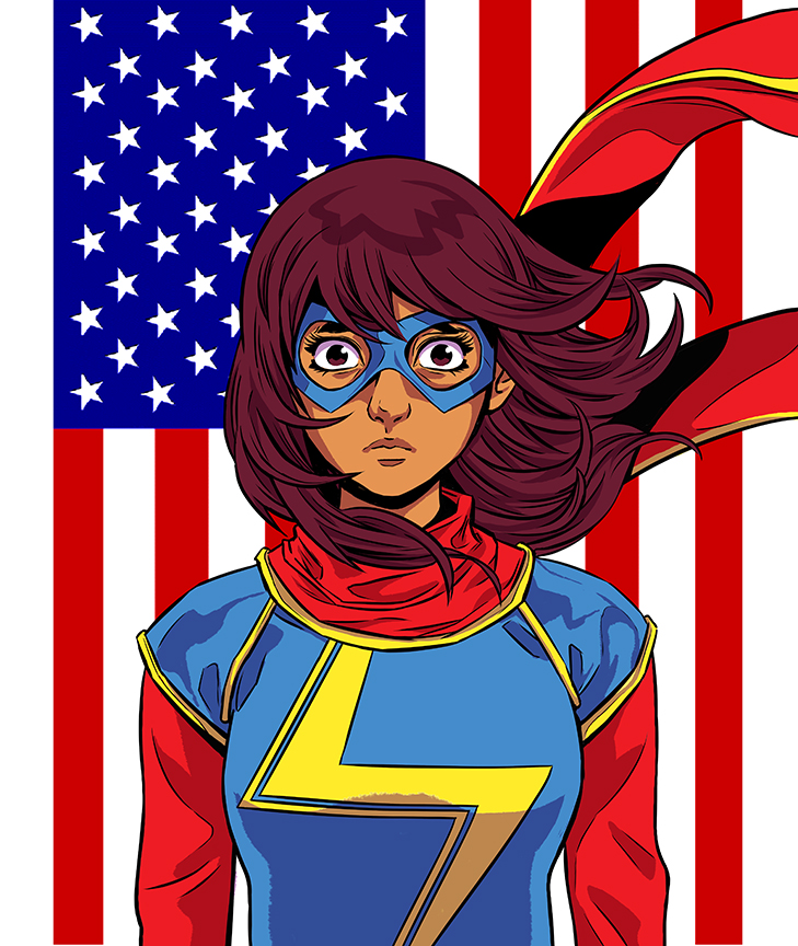 1girl, american_flag, brown_eyes, brown_hair, dark_skin, domino_mask, felipe_smith, frown, kamala_khan, marvel, mask, ms._marvel, red_scarf, scarf, solo, superhero, upper_body
