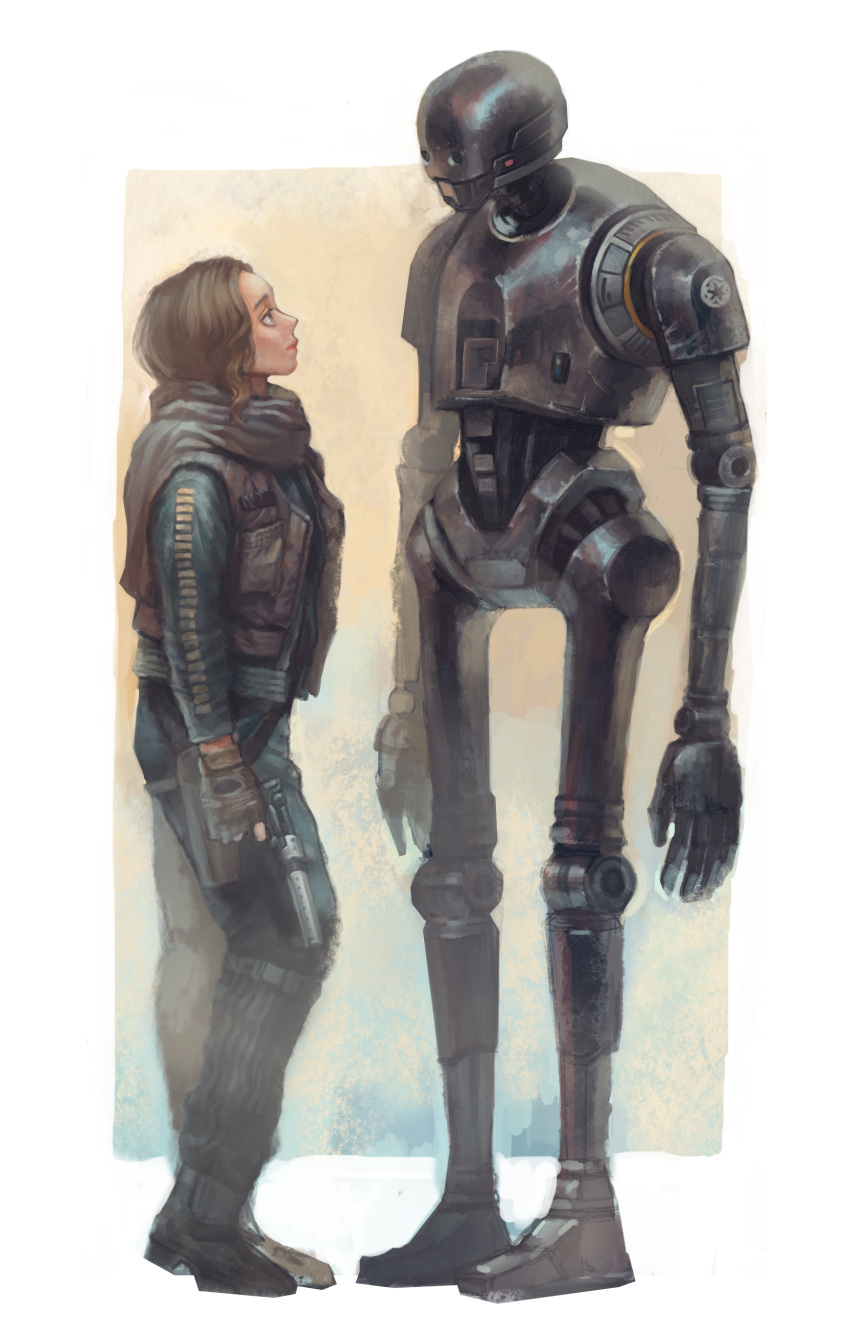 1girl, absurdres, artist_request, boots, brown_hair, energy_gun, fingerless_gloves, galactic_empire