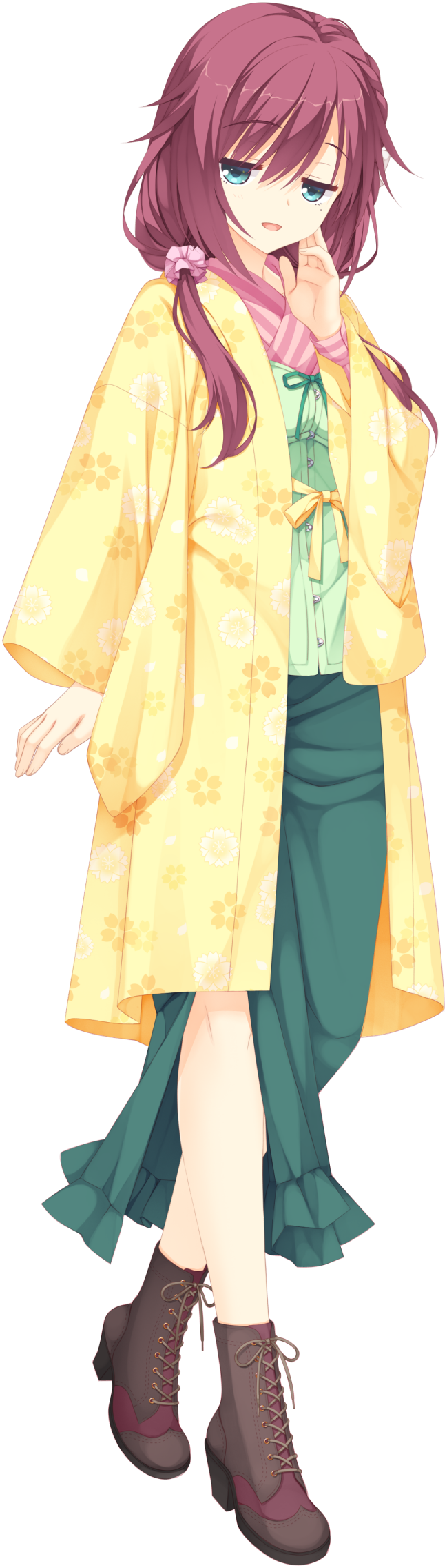 1girl, aqua_eyes, boots, eyebrows_visible_through_hair, floral_print, full_body, hair_over_shoulder, hand_on_own_face