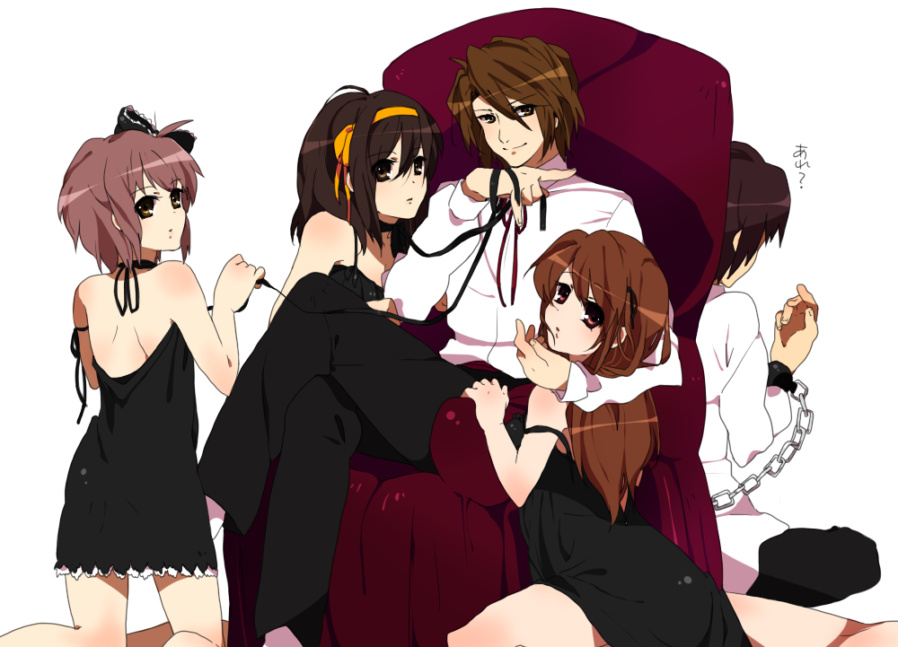 asahina_mikuru, brown_eyes, brown_hair, chain, chains, chair, dress, formal