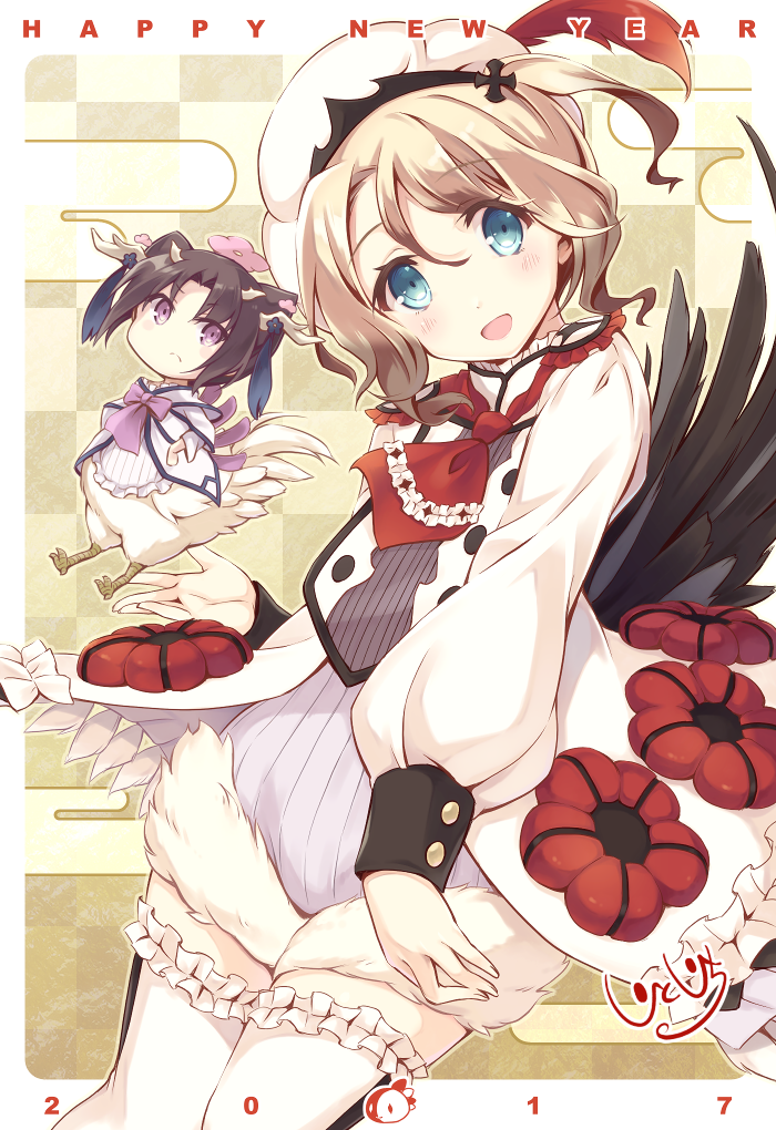 2017, 2girls, :d, black_hair, blue_eyes, chicken_leg, clantail_(mahoiku), furumiya_haiji, hair_ornament, hat, long_sleeves, looking_at_viewer, mahou_shoujo_ikusei_keikaku, mahou_shoujo_ikusei_keikaku_restart, multiple_girls, nengajou, new_year, open_mouth, pechika_(mahoiku), smile, thigh-highs, violet_eyes, white_legwear